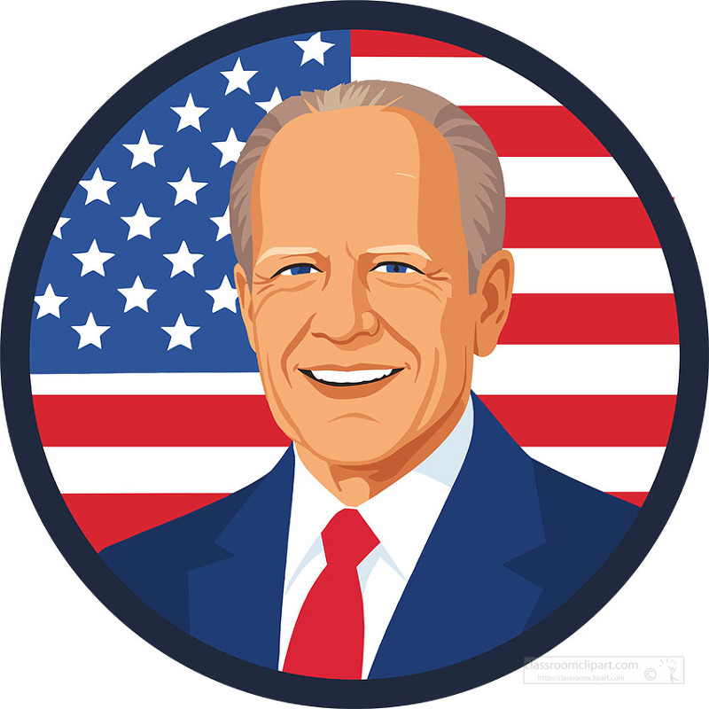 Vector illustration of Gerald Ford in formal attire with the United States flag as background