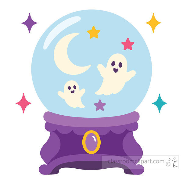 Light blue crystal ball on a purple base with two smiling white ghosts a crescent moon colorful stars and sparkles