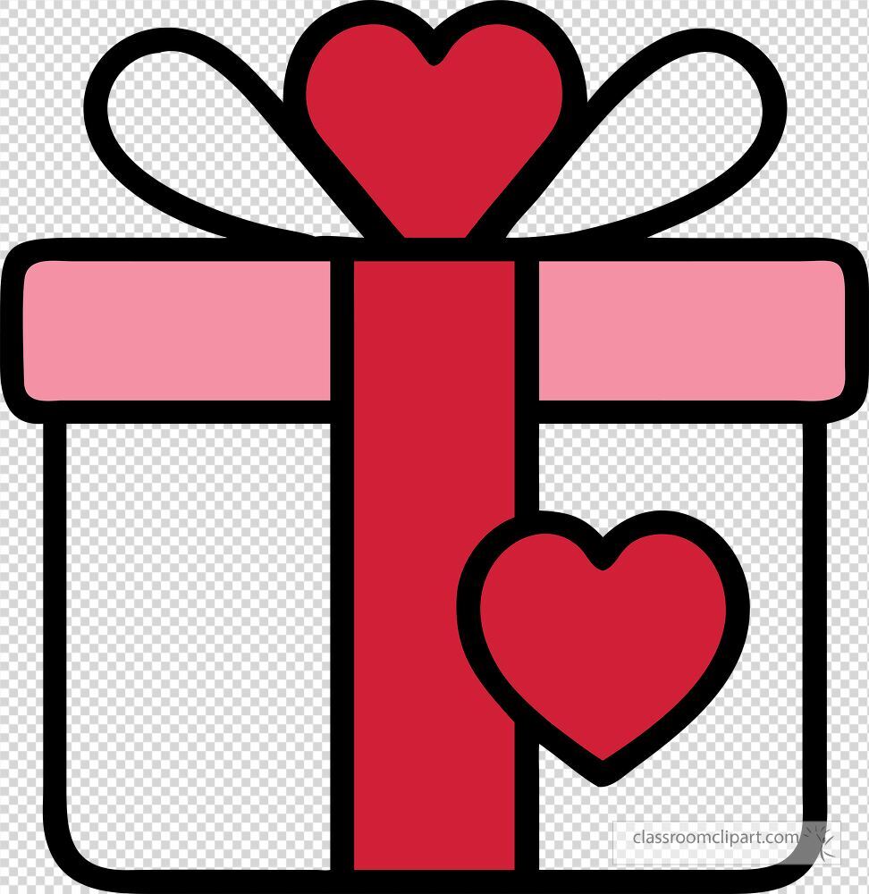 A vibrant clip art of a gift box adorned with a red ribbon and a heart motif perfect for expressing love on Valentines Day. Ideal for greeting cards or party decorations.