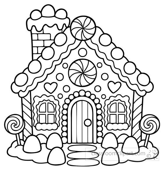 Black and white coloring page of a gingerbread house covered with peppermint candy gumdrops icing hearts and lollipops
