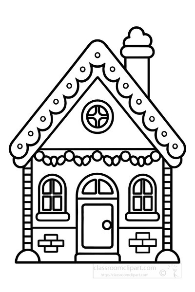Cozy gingerbread house with holiday decorations perfect for kids to color