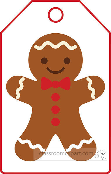 Christmas gift tag featuring a smiling brown gingerbread man with cream icing a red bow tie and three red buttons