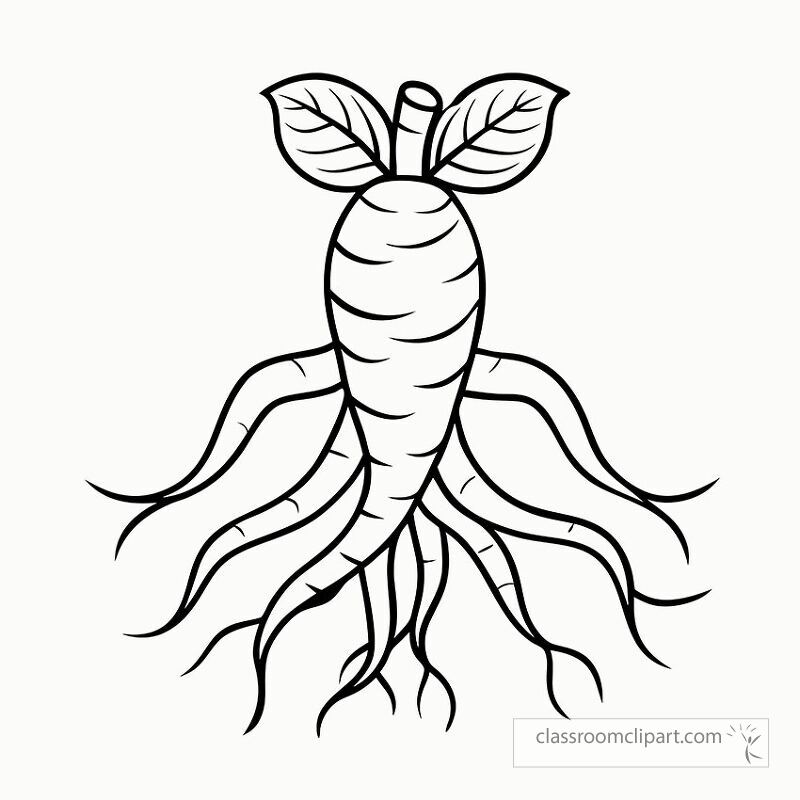 A detailed black outline illustration of a ginseng root featuring distinct leaves and complex root structures. Ideal for coloring or art projects this design is simple yet captivating.