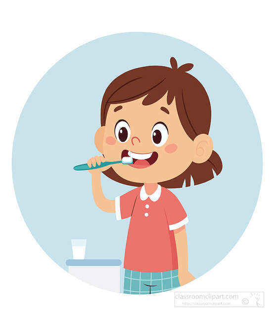 Girl brushing her teeth with a teal toothbrush beside toothpaste on a counter in a bathroom scene
