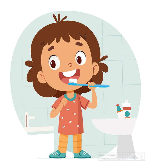 Smiling girl brushing her teeth with a blue toothbrush beside a sink and toothpaste in a bathroom