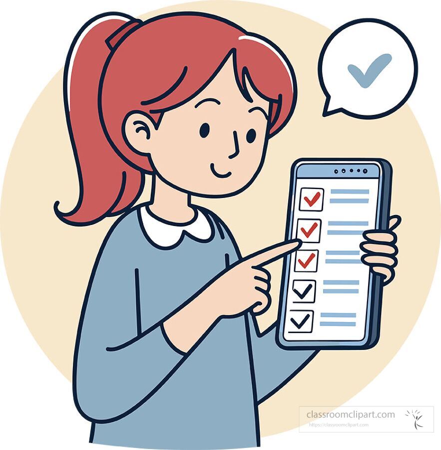 cartoon illustration of a girl checking checklist on a tablet holding the device with one hand and pointing with the other