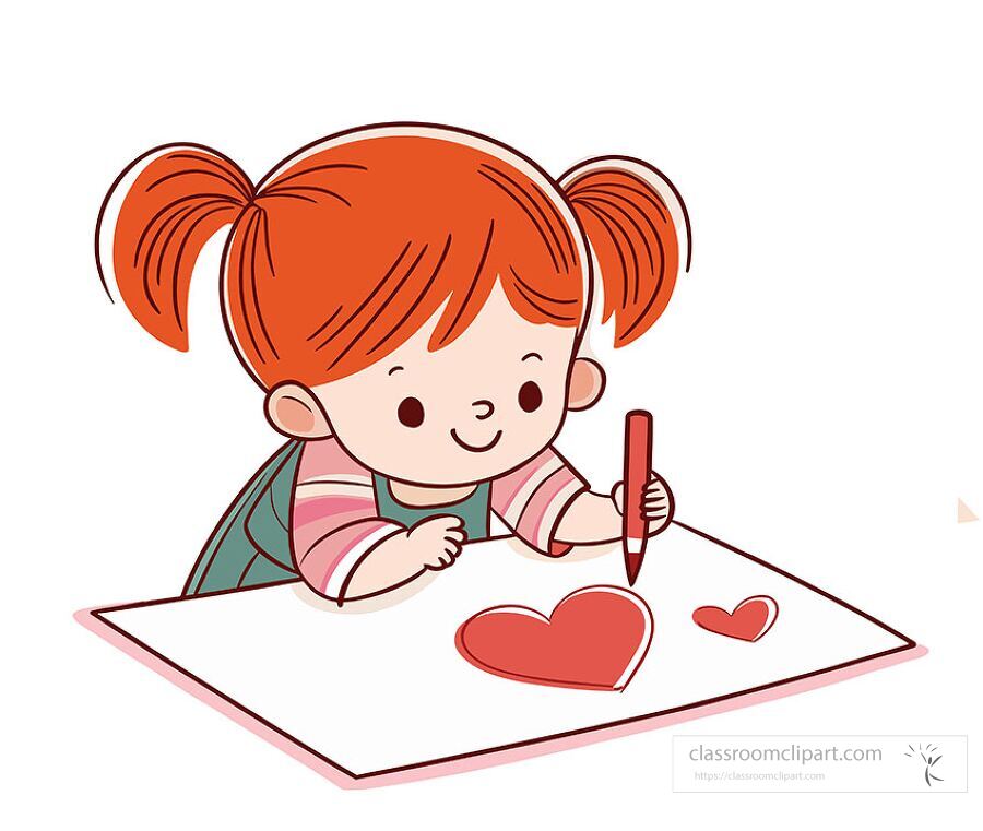 illustration of a young girl with red hair drawing hearts on paper with a red marker