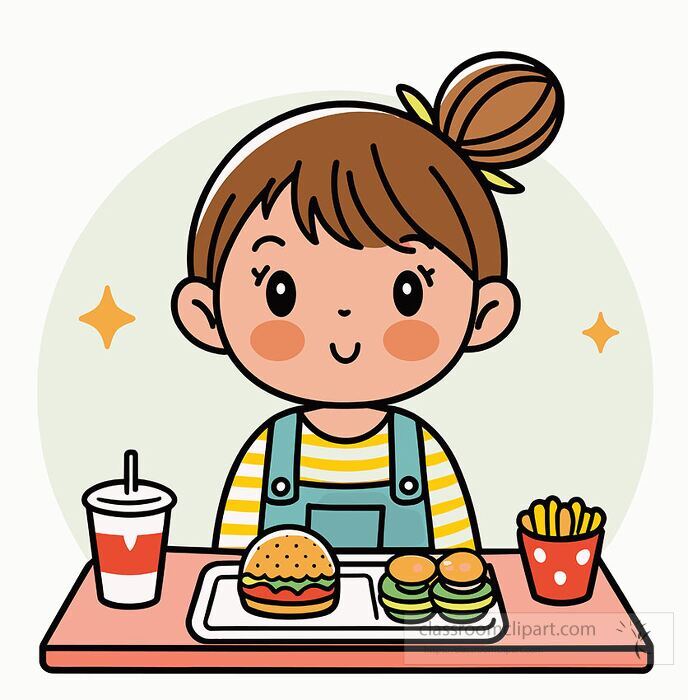 cartoon girl at table with fast food tray featuring burger fries mini burgers and a drink