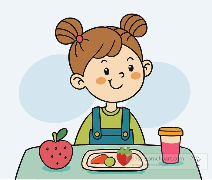 a smiling schoolgirl sitting at a table with healthy school lunch including fruit and juice