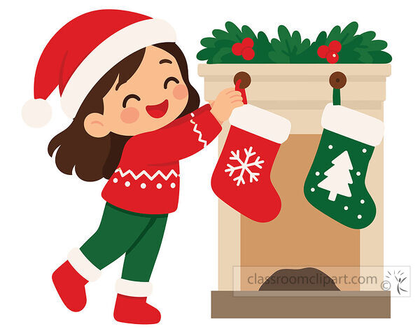 Smiling girl in a Santa hat hangs a red snowflake stocking beside a green tree stocking on a festive fireplace