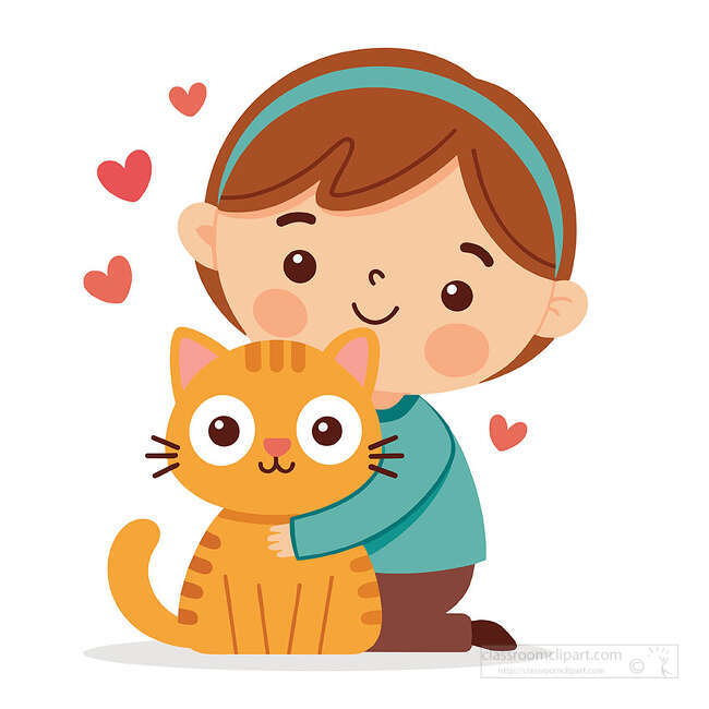 Smiling girl with a teal headband hugging an orange striped cat with red hearts around them