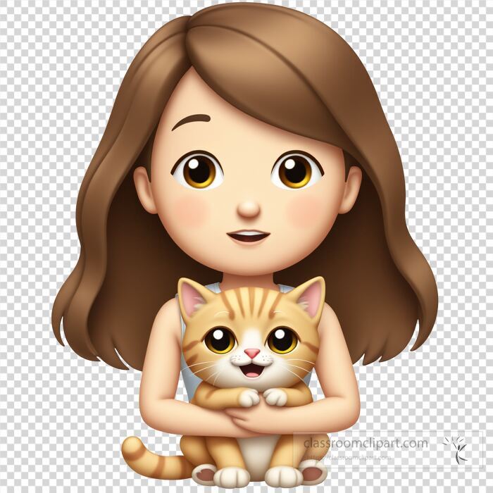 cute emoji style girl holding an orange kitten with happy expression