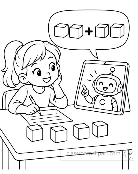 Girl practices addition using four counting cubes while a smiling AI robot on a tablet shows a math problem