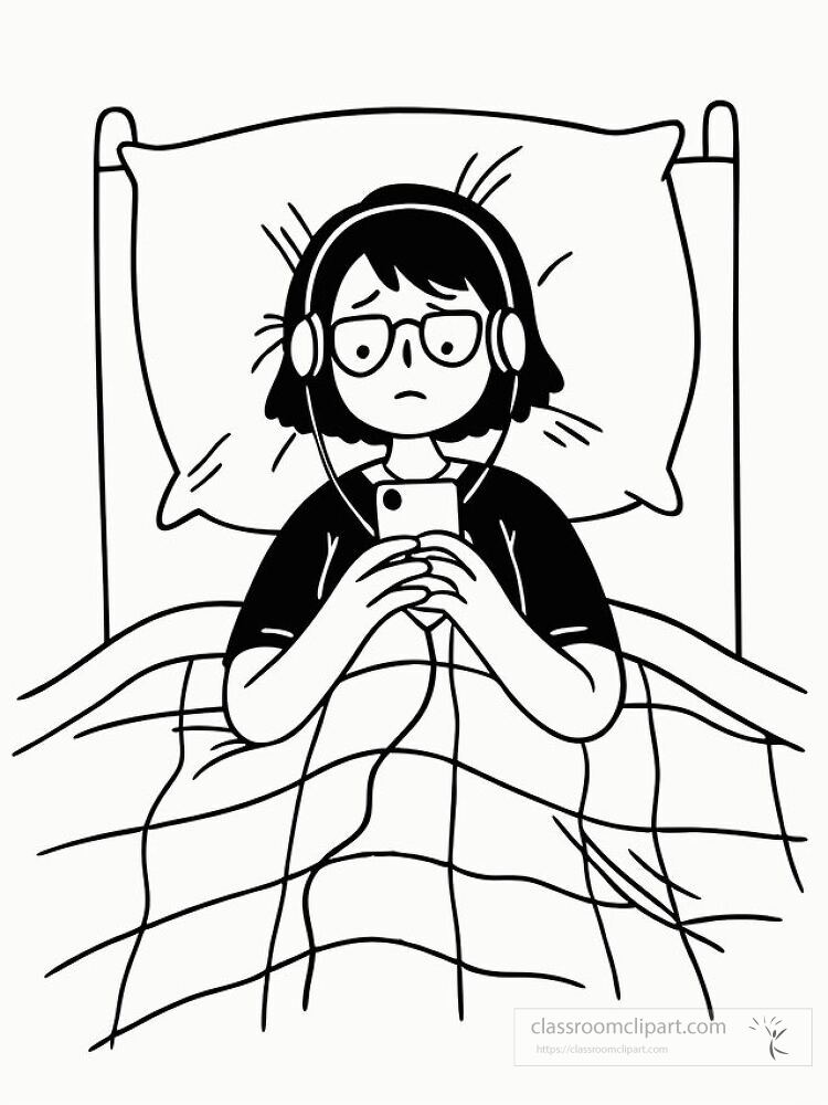 A girl is lying on her bed looking sad while wearing headphones She is holding a phone and gazing at the screen lost in thought The room appears quiet and reflective