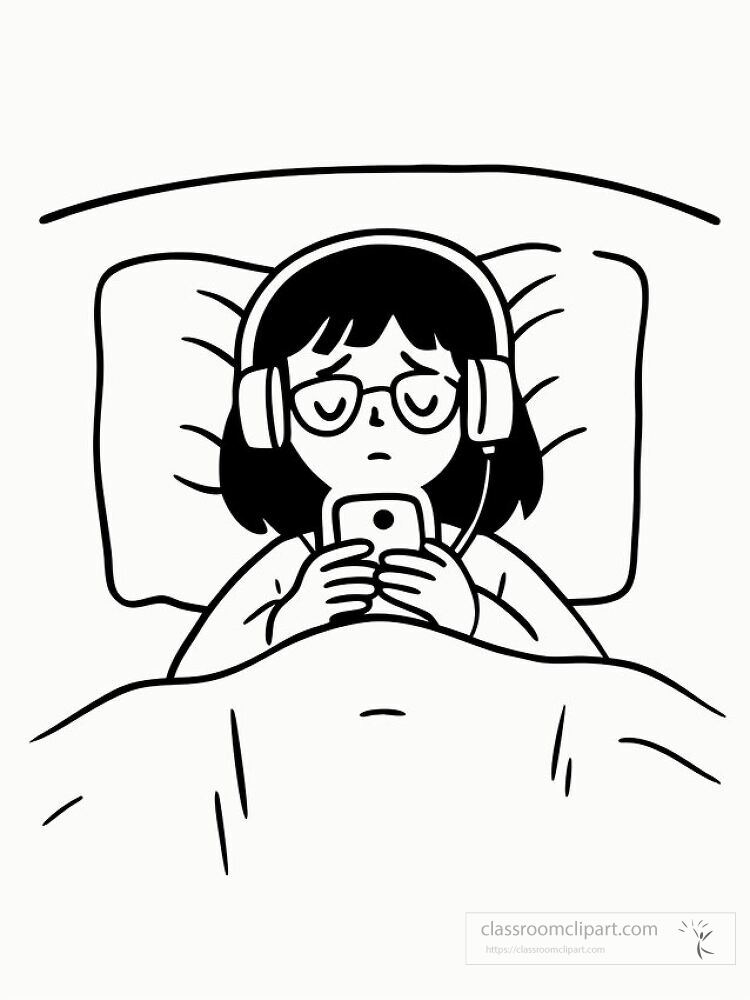 A young girl lies in bed with a frown while holding her phone She is wearing headphones lost in her thoughts The room is cozy but the girls expression shows she feels down