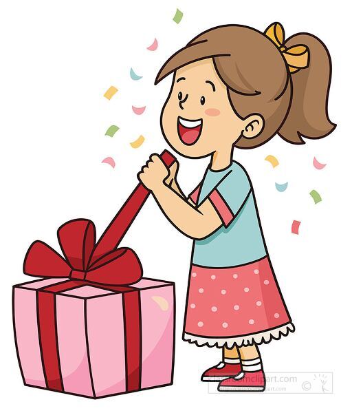 A cheerful girl excitedly pulling a ribbon on a large wrapped present with confetti around her clipart