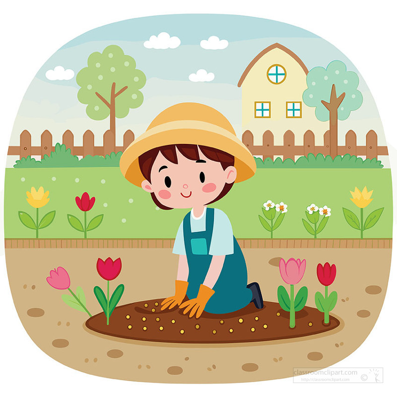 Cute child gardener planting seeds in a home garden