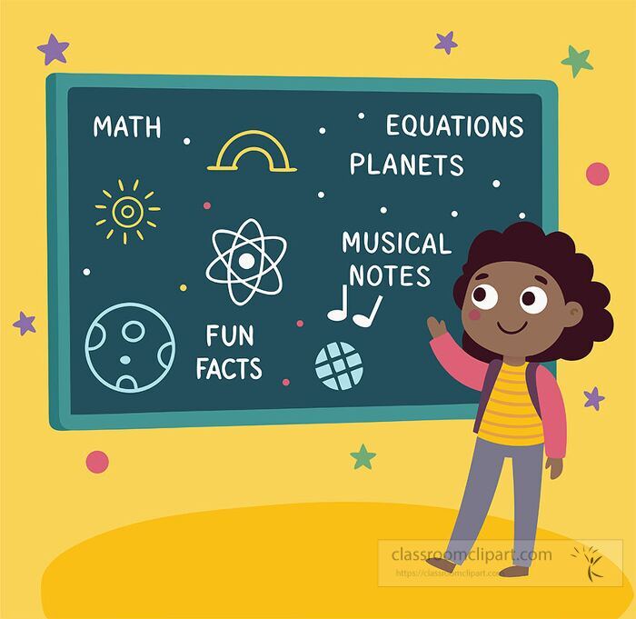 Cute classroom scene showing a young girl pointing at a colorful chalkboard with math planets and fun facts