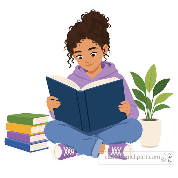 Girl reading a blue book while sitting cross legged beside a stack of books and a green potted plant