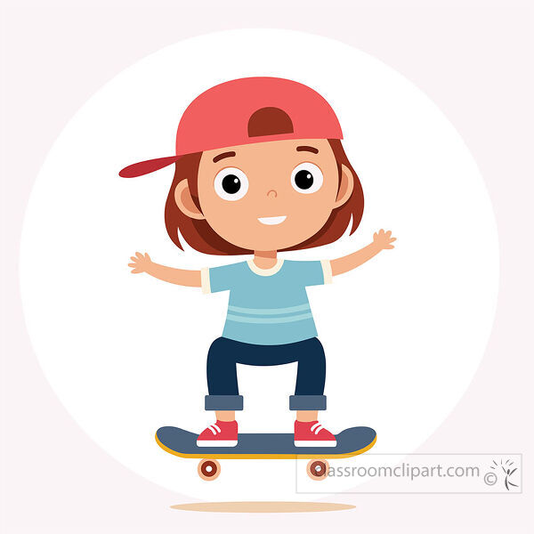 Smiling girl riding a skateboard while wearing a red cap blue shirt dark pants and red shoes