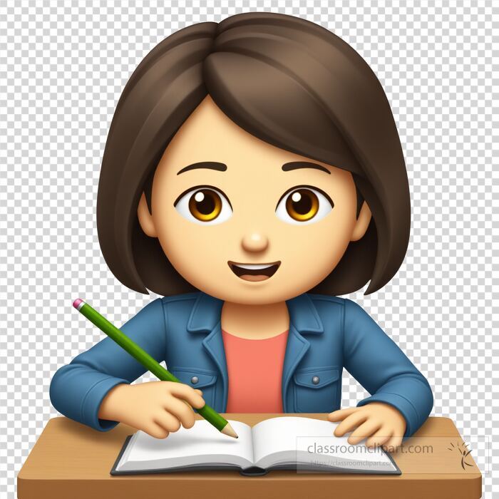 cheerful emoji girl with green pencil writing in open book at desk