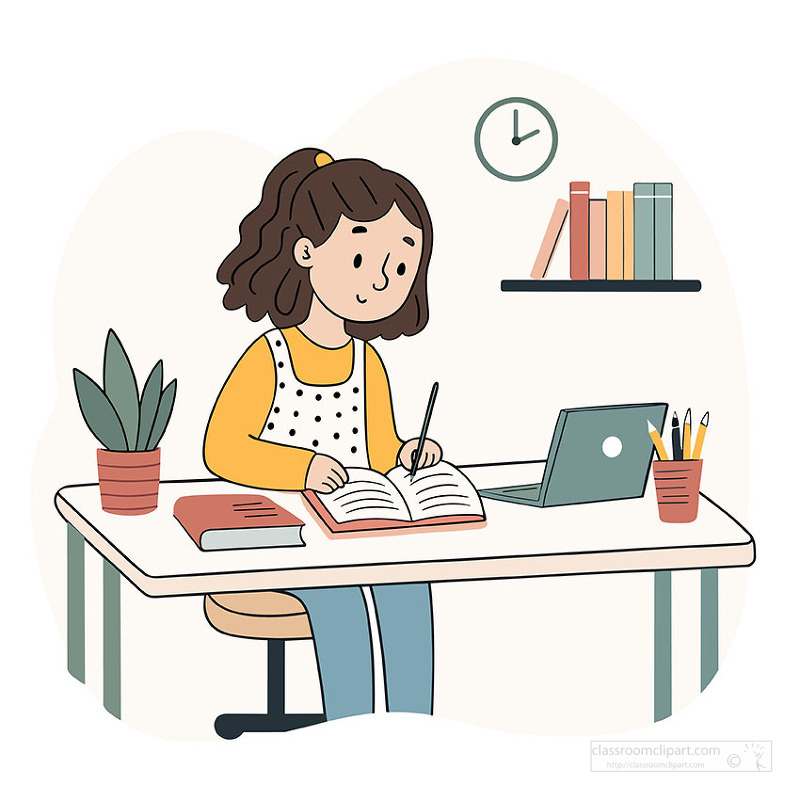focused school girl studying at desk with laptop books and home decor