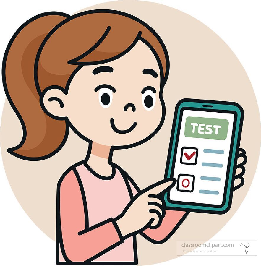 vector cartoon of a girl taking an online test on a tablet showing check mark options on the screen