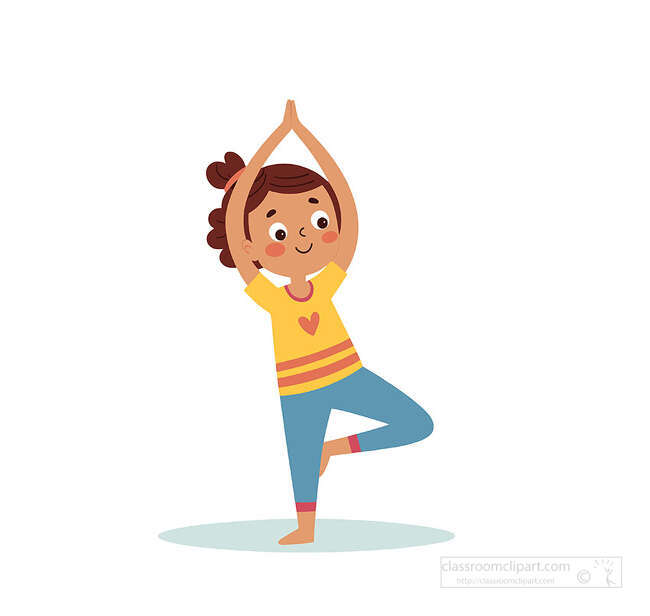 Girl standing in tree pose with hands together overhead one foot raised and a heart on her shirt