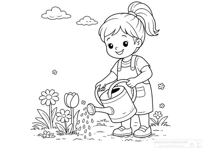 Black and white coloring page of young girl caring for flowers in sunny spring garden