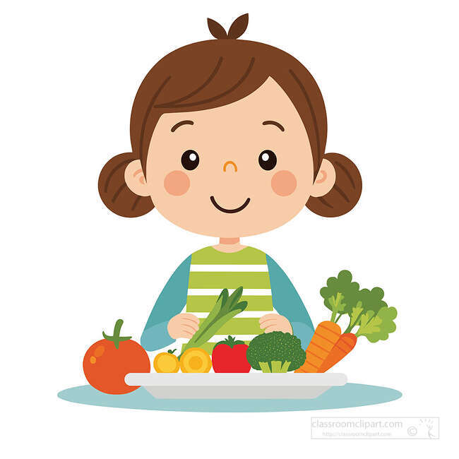 girl, vegetables, pumpkin, carrots, tomato, broccoli, leafy greens, healthy food, kid, flat design