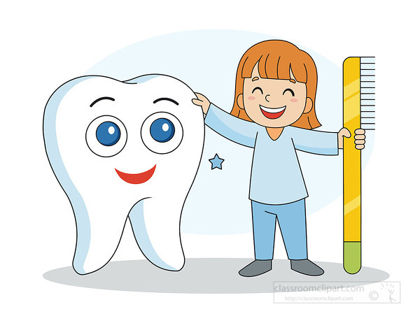 Cute dental health illustration showing a happy girl in blue clothes holding a large toothbrush next to a smiling cartoon tooth promoting brushing and oral care