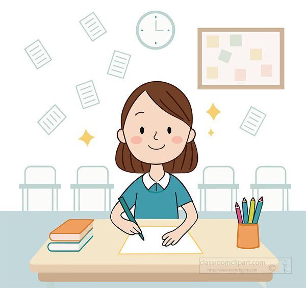 cute illustration of a girl sitting at desk in classroom writing with books and pencils around her