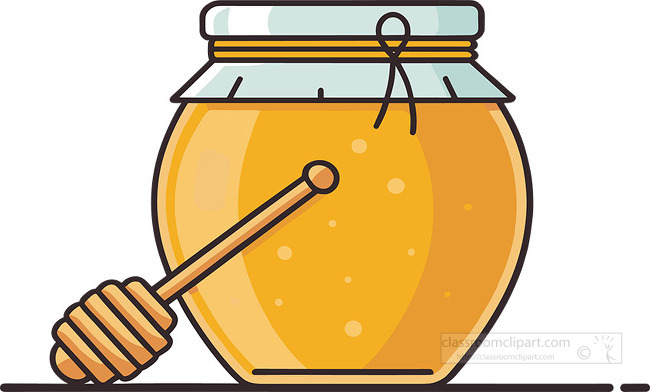 A glass honey jar with a wooden dipper creates a warm sweet food icon for kitchen themes recipes and nutrition pages