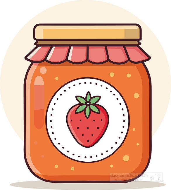 A glass jar of strawberry jam with a fruit label makes a sweet pantry food icon for classroom pages recipes and labels