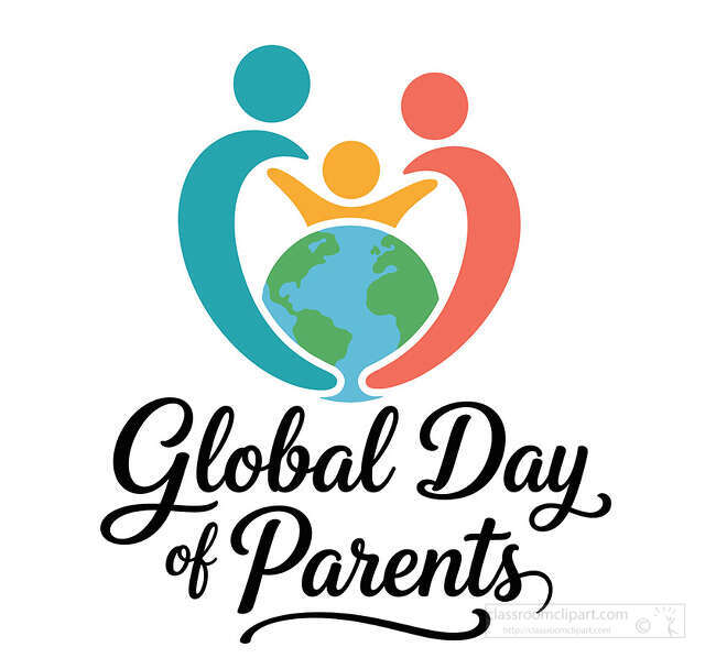 Global Day of Parents lettering with parent and child figures surrounding an earth globe on white background