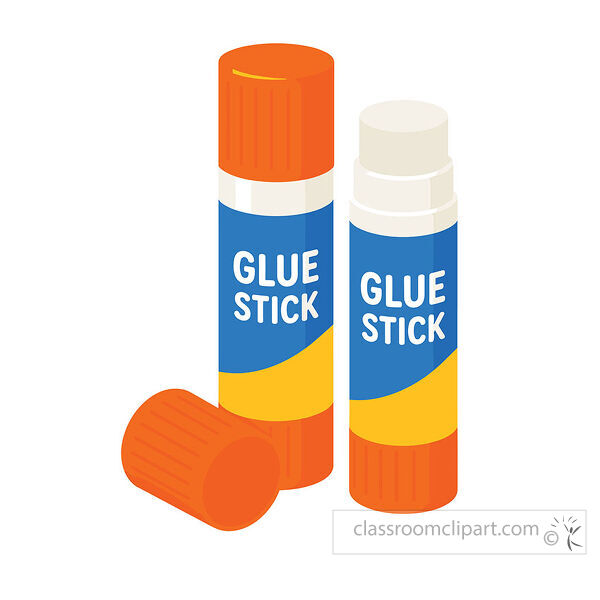 Clean clipart of two glue sticks with blue labels orange caps and one loose cap for school supply projects