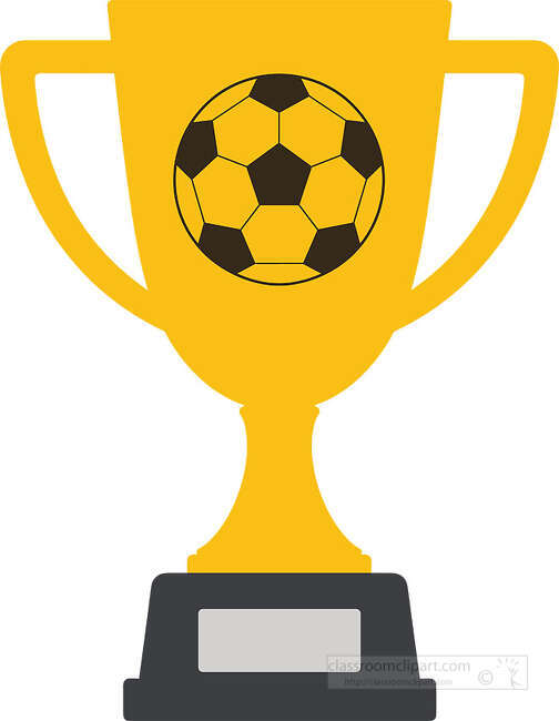 Gold trophy with handles black base and a soccer ball on the front