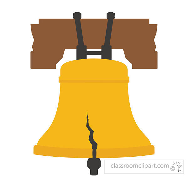 Golden Liberty Bell hanging from a brown wooden support with a black crack and dark clapper