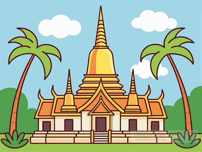 A vibrant temple features a golden spire and intricate architecture Surrounded by palm trees the background highlights a clear blue sky with fluffy clouds creating a serene atmosphere