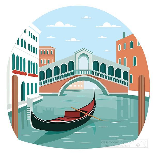 flat vector illustration of gondola boat in venice canal with buildings and bridge scenic travel art