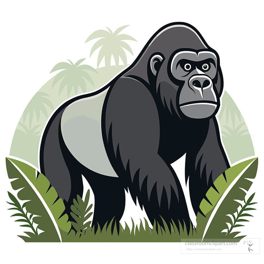 Vector illustration of a large gorilla standing in a tropical jungle setting. The background includes green palm trees and lush leaves, creating a wild rainforest environment.