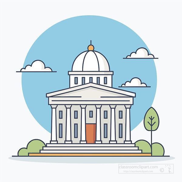 Flat vector government building illustration with dome columns and steps great for civics education architecture learning and history materials
