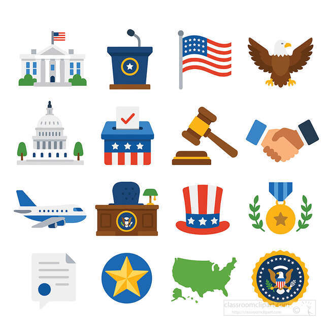 Government symbol flat icon set with White House podium flag eagle capitol ballot gavel handshake map and sea