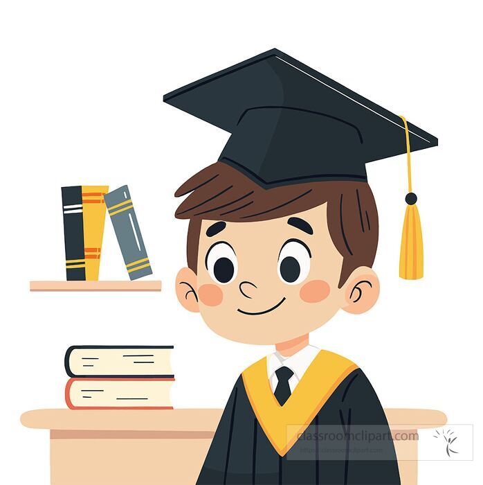cartoon clipart of a smiling boy in graduation cap and gown standing in front of books perfect for educational or graduation materials