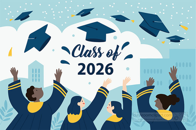 Graduation celebration clipart showing graduates from behind raising their hands and tossing caps into the sky beneath class of 2026 text in a city scene Clipart