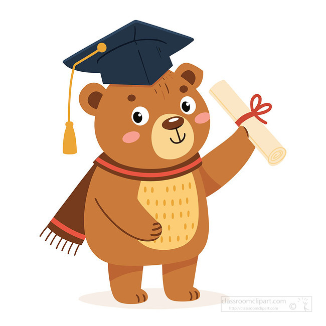 Cute Brown graduation bear character wearing a cap and scarf while holding a diploma scroll