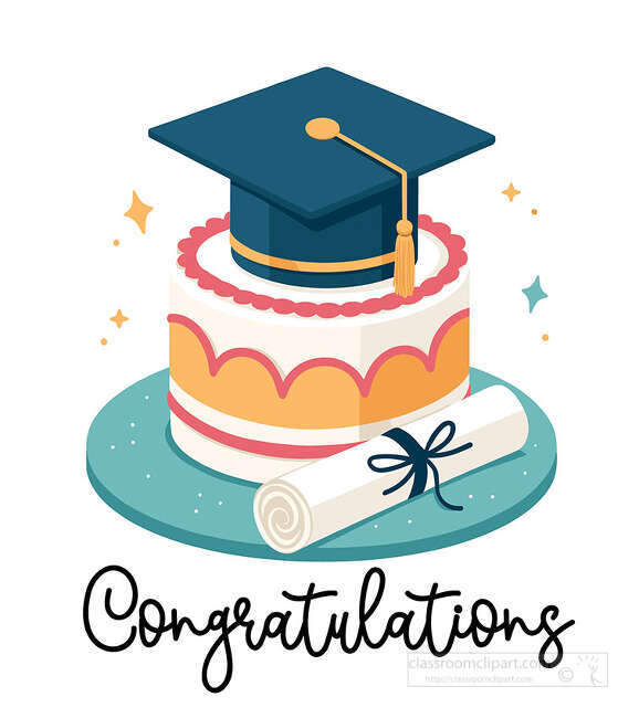 Graduation cake topped with a cap beside a rolled diploma sparkles and Congratulations lettering