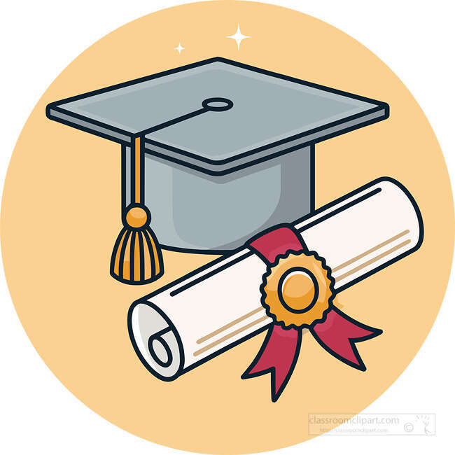 A graduation cap and rolled diploma with ribbon seal create a classic academic symbol for celebration and school pages