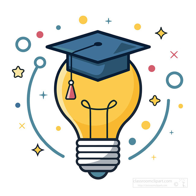 ducation concept design showing a glowing light bulb topped with a graduation cap and festive sparkles