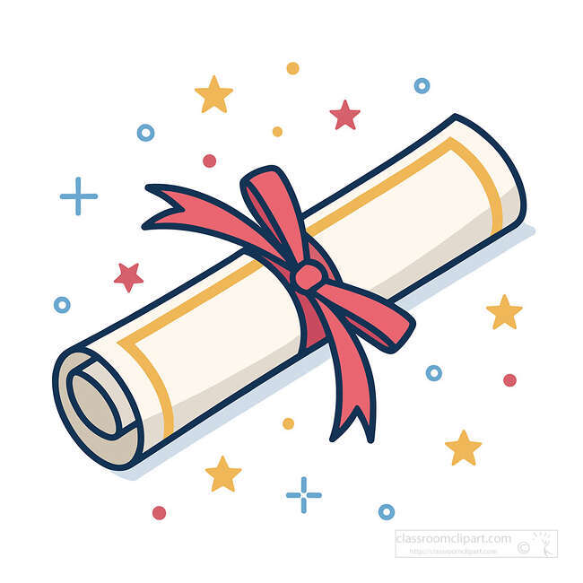 A rolled diploma with a red ribbon and festive stars adds bright graduation energy to celebration pages and school designs